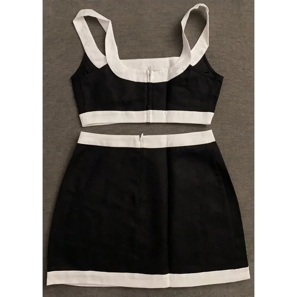 NWOT Reformation Robbie Linen Two Piece in Black White Sleeveless Top Skirt Set